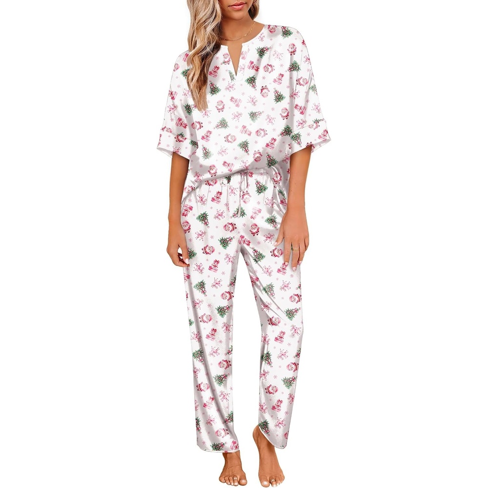 image:imageEkouaer Womens Satin Silky Pajama Set 2 Piece V Neck Silk Pjs with PocketPink Christmas