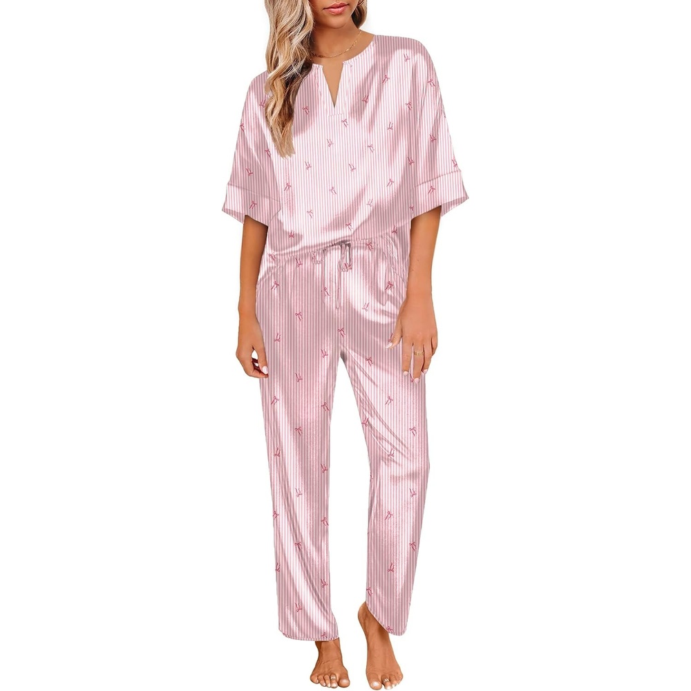 image:imageEkouaer Womens Satin Silky Pajama Set 2 Piece V Neck Silk Pjs with PocketPink Stripe Bow