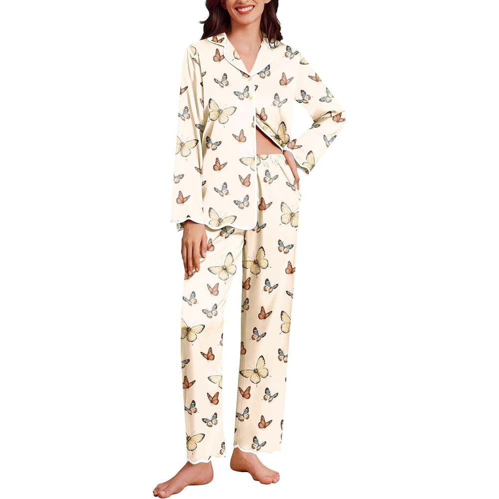 image:imageEkouaer Womens Silk Pajama Set Long Sleeve Button Down Ruffle Satin PJsBeige Butterfly