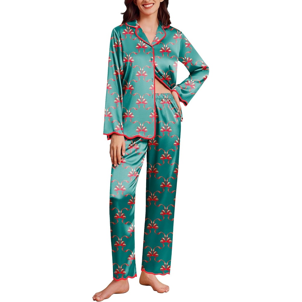 image:imageEkouaer Womens Silk Pajama Set Long Sleeve Button Down Ruffle Satin PJsGreen Red Bow