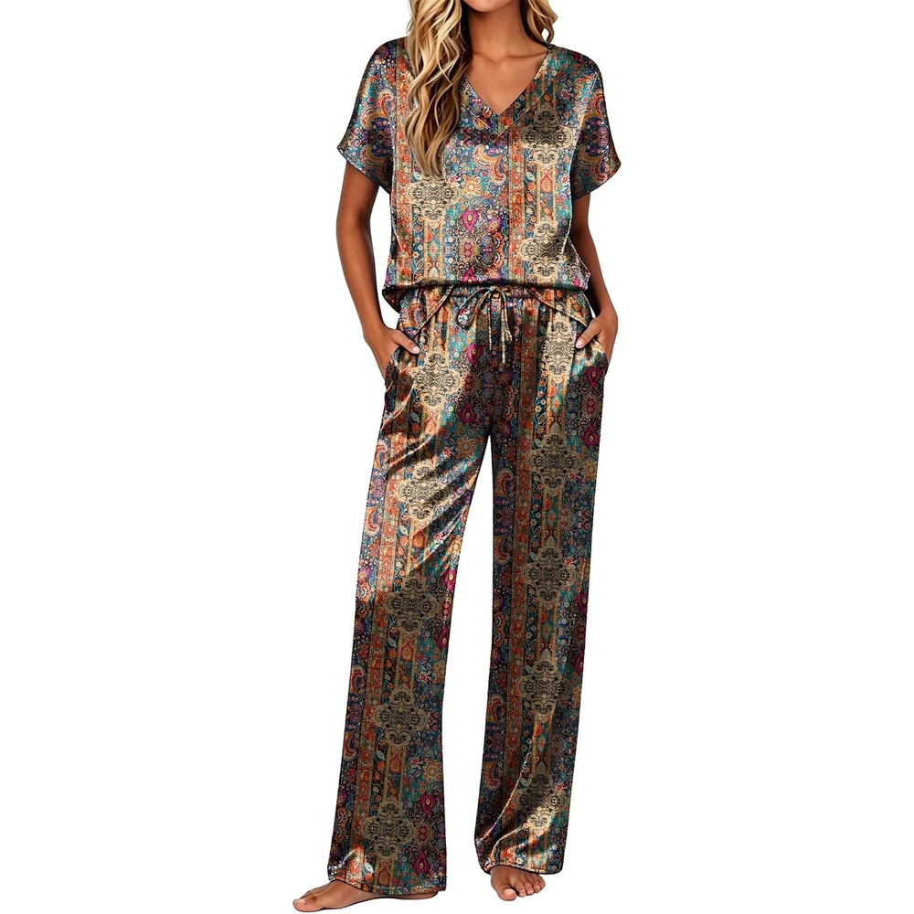image:imageEkouaer Womens Silk Pajamas Set 2 Piece Satin Pjs Cap Sleeve Loungewear01paisley Print