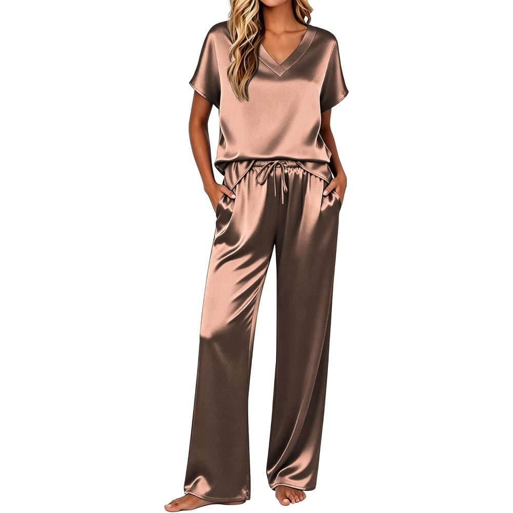 image:imageEkouaer Womens Silk Pajamas Set 2 Piece Satin Pjs Cap Sleeve LoungewearBrown