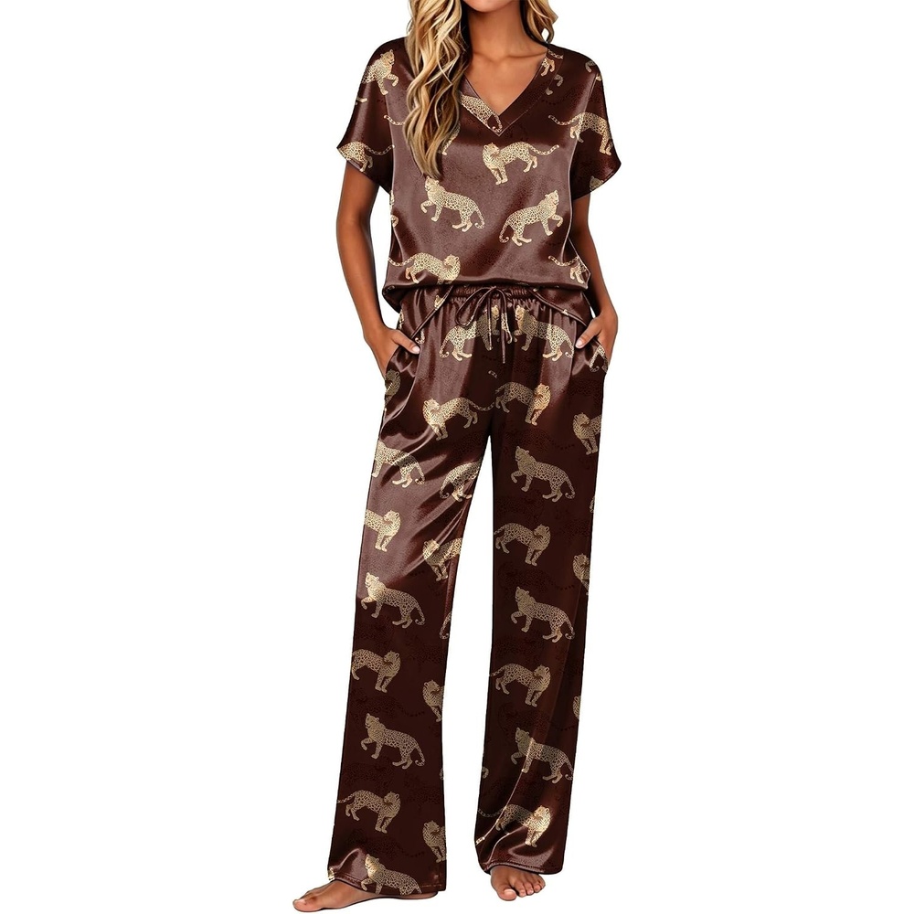 image:imageEkouaer Womens Silk Pajamas Set 2 Piece Satin Pjs Cap Sleeve LoungewearBrown Cheetah