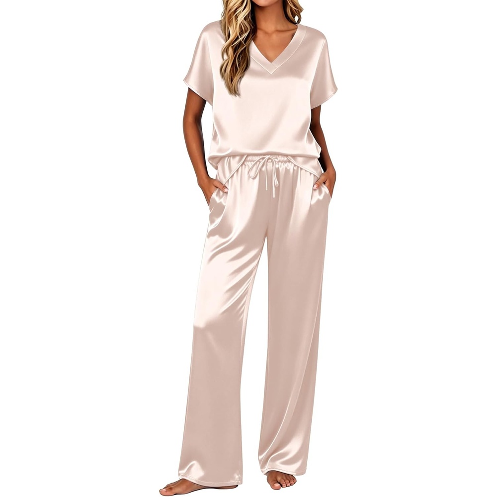 image:imageEkouaer Womens Silk Pajamas Set 2 Piece Satin Pjs Cap Sleeve LoungewearChampagne