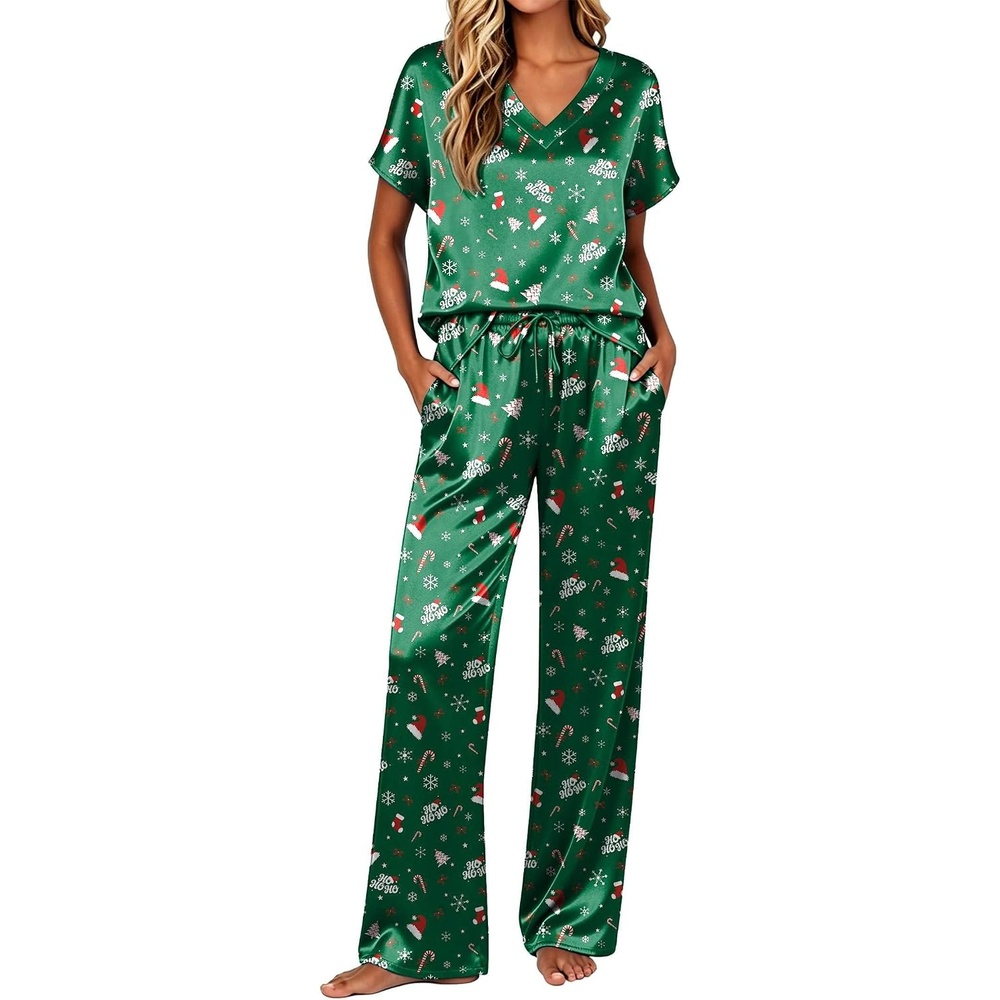 image:imageEkouaer Womens Silk Pajamas Set 2 Piece Satin Pjs Cap Sleeve LoungewearChristmas Green