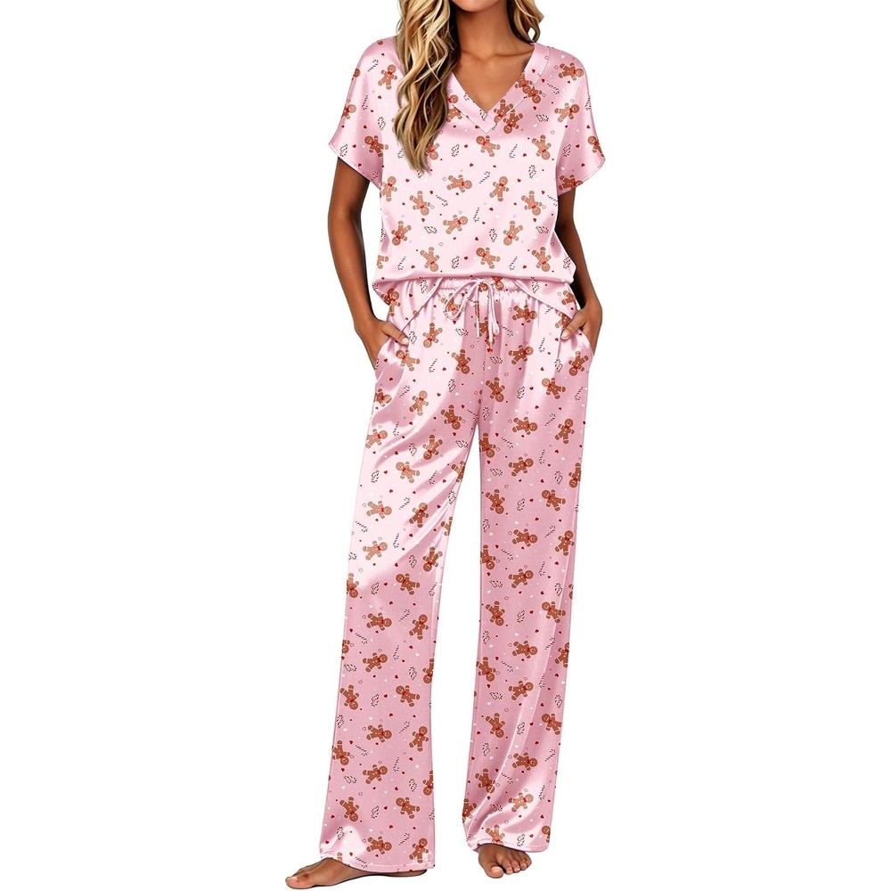 image:imageEkouaer Womens Silk Pajamas Set 2 Piece Satin Pjs Cap Sleeve LoungewearChristmas Pink Gingerbread Man
