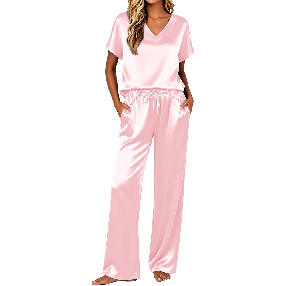 image:imageEkouaer Womens Silk Pajamas Set 2 Piece Satin Pjs Cap Sleeve LoungewearPink