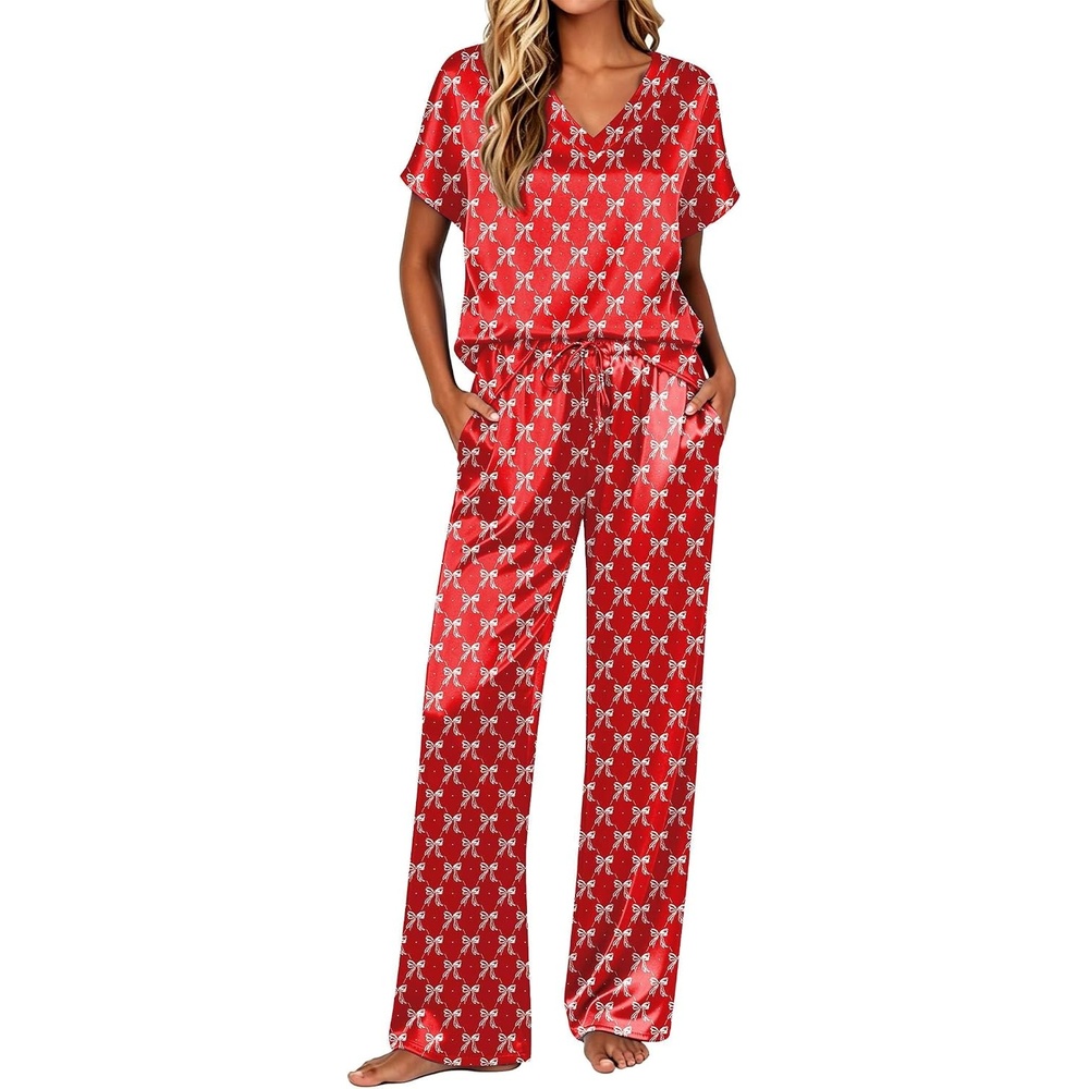 image:imageEkouaer Womens Silk Pajamas Set 2 Piece Satin Pjs Cap Sleeve LoungewearRed Bow