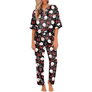 Ekouaer Women’s Satin Silky Pajama Set 2 Piece V Neck Silk Pjs with Pocket(Black Christmas)