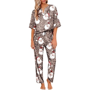 Ekouaer Women’s Satin Silky Pajama Set 2 Piece V Neck Silk Pjs with Pocket(Leopard Santa)