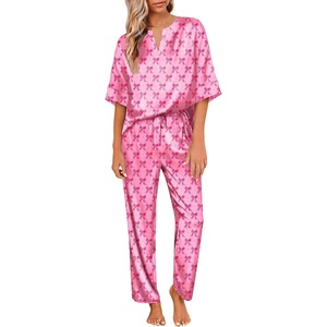 Ekouaer Women’s Satin Silky Pajama Set 2 Piece V Neck Silk Pjs with Pocket(Pink Bow Print)