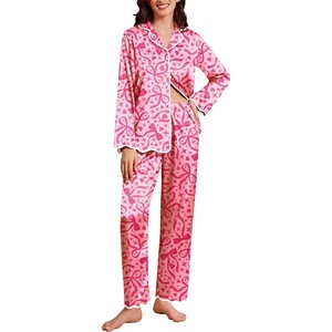 Ekouaer Womens Silk Pajama Set Long Sleeve Button Down Ruffle Satin PJs(Pink Bow Star Heart)