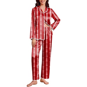 Ekouaer Womens Silk Pajama Set Long Sleeve Button Down Ruffle Satin PJs(Pink Heart Stripe)