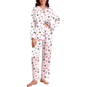 Ekouaer Womens Silk Pajama Set Long Sleeve Button Down Ruffle Satin PJs(Pink Santa Christmas)