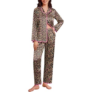 Ekouaer Womens Silk Pajama Set Long Sleeve Button Down Ruffle Satin PJs(Pink Teal Leopard)