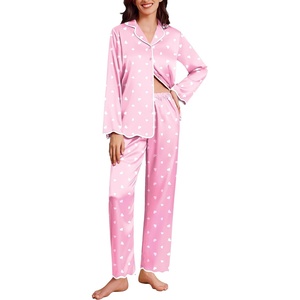 Ekouaer Womens Silk Pajama Set Long Sleeve Button Down Ruffle Satin PJs(Pink White Heart)