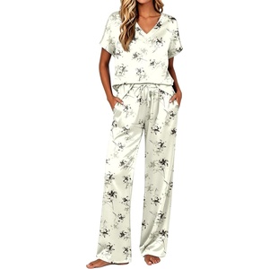Ekouaer Womens Silk Pajamas Set 2 Piece Satin Pjs Cap Sleeve Loungewear(Black Flower)