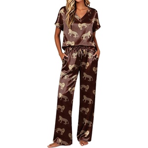 Ekouaer Womens Silk Pajamas Set 2 Piece Satin Pjs Cap Sleeve Loungewear(Brown Cheetah)