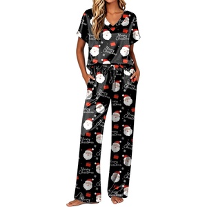 Ekouaer Womens Silk Pajamas Set 2 Piece Satin Pjs Cap Sleeve Loungewear(Christmas Black Santa Claus)