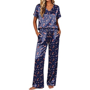 Ekouaer Womens Silk Pajamas Set 2 Piece Satin Pjs Cap Sleeve Loungewear(Christmas Navy Candy Cane)