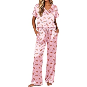 Ekouaer Womens Silk Pajamas Set 2 Piece Satin Pjs Cap Sleeve Loungewear(Christmas Pink Gingerbread Man)