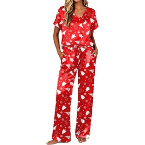 Ekouaer Womens Silk Pajamas Set 2 Piece Satin Pjs Cap Sleeve Loungewear(Christmas Red Tree)