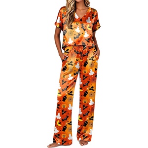 Ekouaer Womens Silk Pajamas Set 2 Piece Satin Pjs Cap Sleeve Loungewear(Halloween)