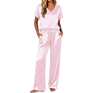 Ekouaer Womens Silk Pajamas Set 2 Piece Satin Pjs Cap Sleeve Loungewear(Pink Stripe Heart)