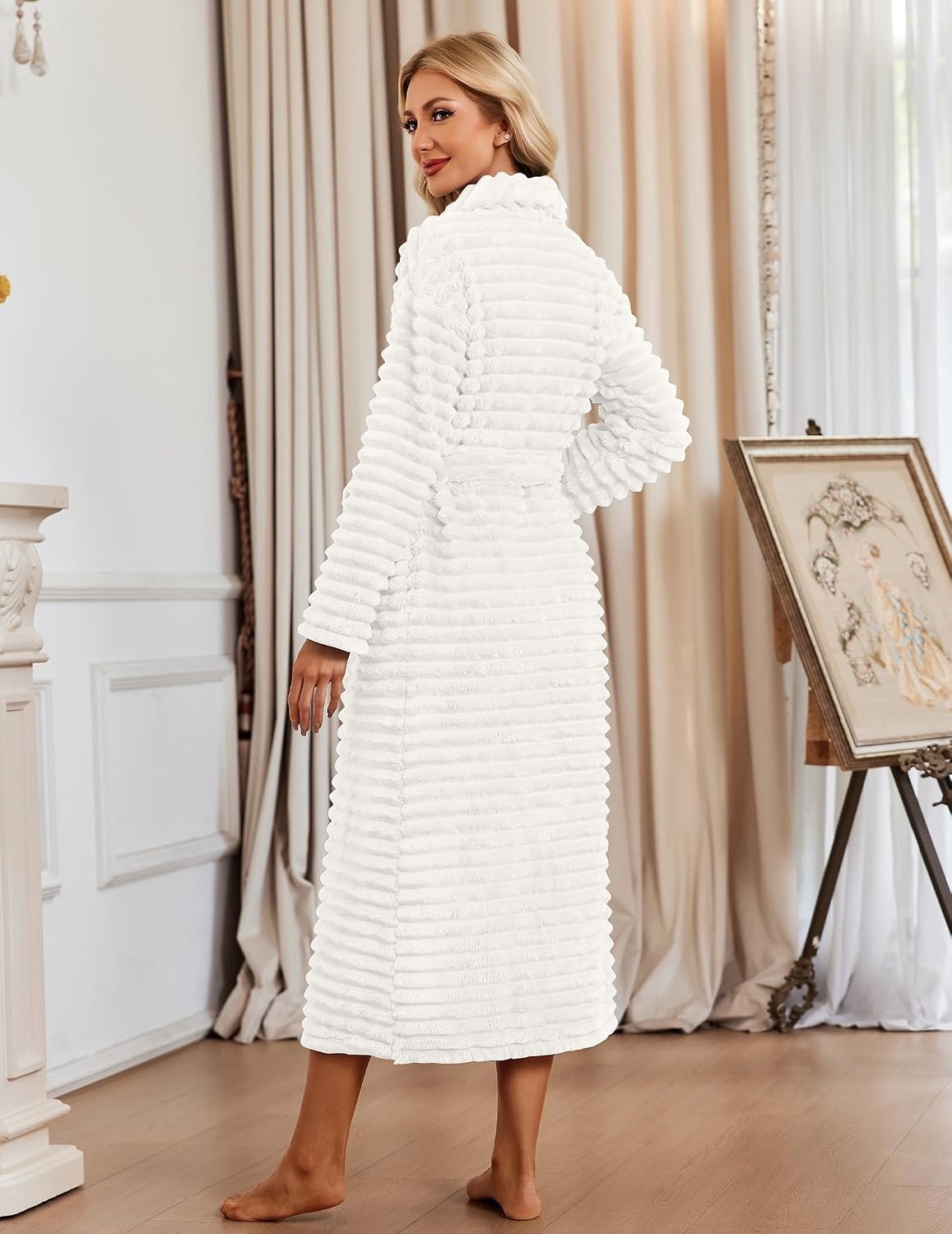 image:imageEkouaer Plush Robe for Women 2026 Long Bathrobe Soft House Coat with PocketWhite
