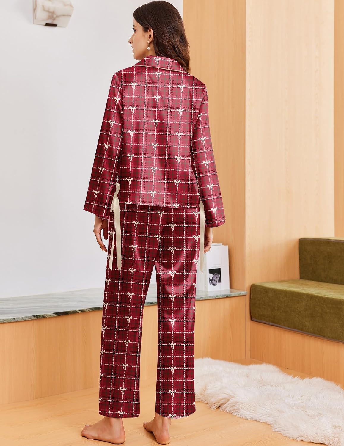 image:imageEkouaer Women Classic Button Down Long Satin Pajamas Set Cute Bow SleepwearBow Checkered