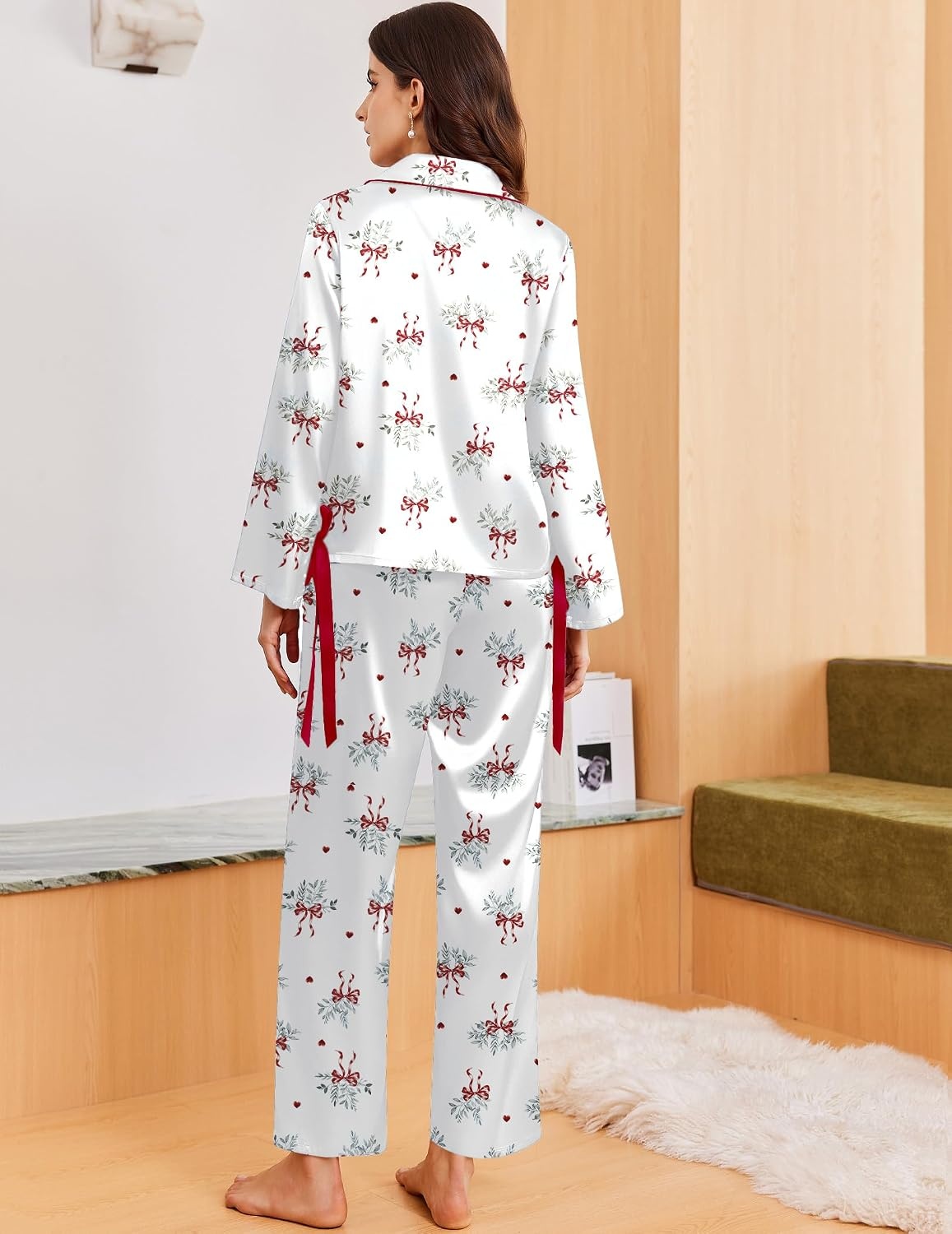 image:imageEkouaer Women Classic Button Down Long Satin Pajamas Set Cute Bow SleepwearChristmas Leaf