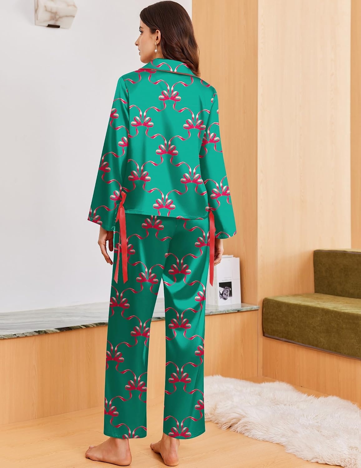 image:imageEkouaer Women Classic Button Down Long Satin Pajamas Set Cute Bow SleepwearGreen Xmas Bow