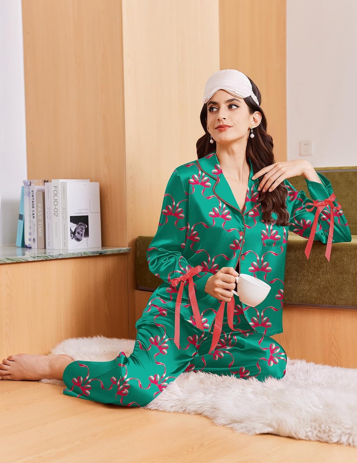 image:imageEkouaer Women Classic Button Down Long Satin Pajamas Set Cute Bow SleepwearGreen Xmas Bow