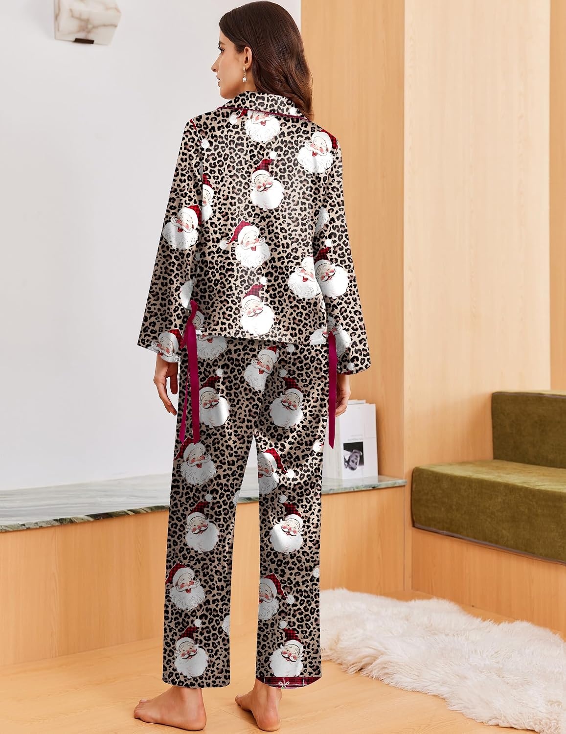 image:imageEkouaer Women Classic Button Down Long Satin Pajamas Set Cute Bow SleepwearLeopard Santa Claus
