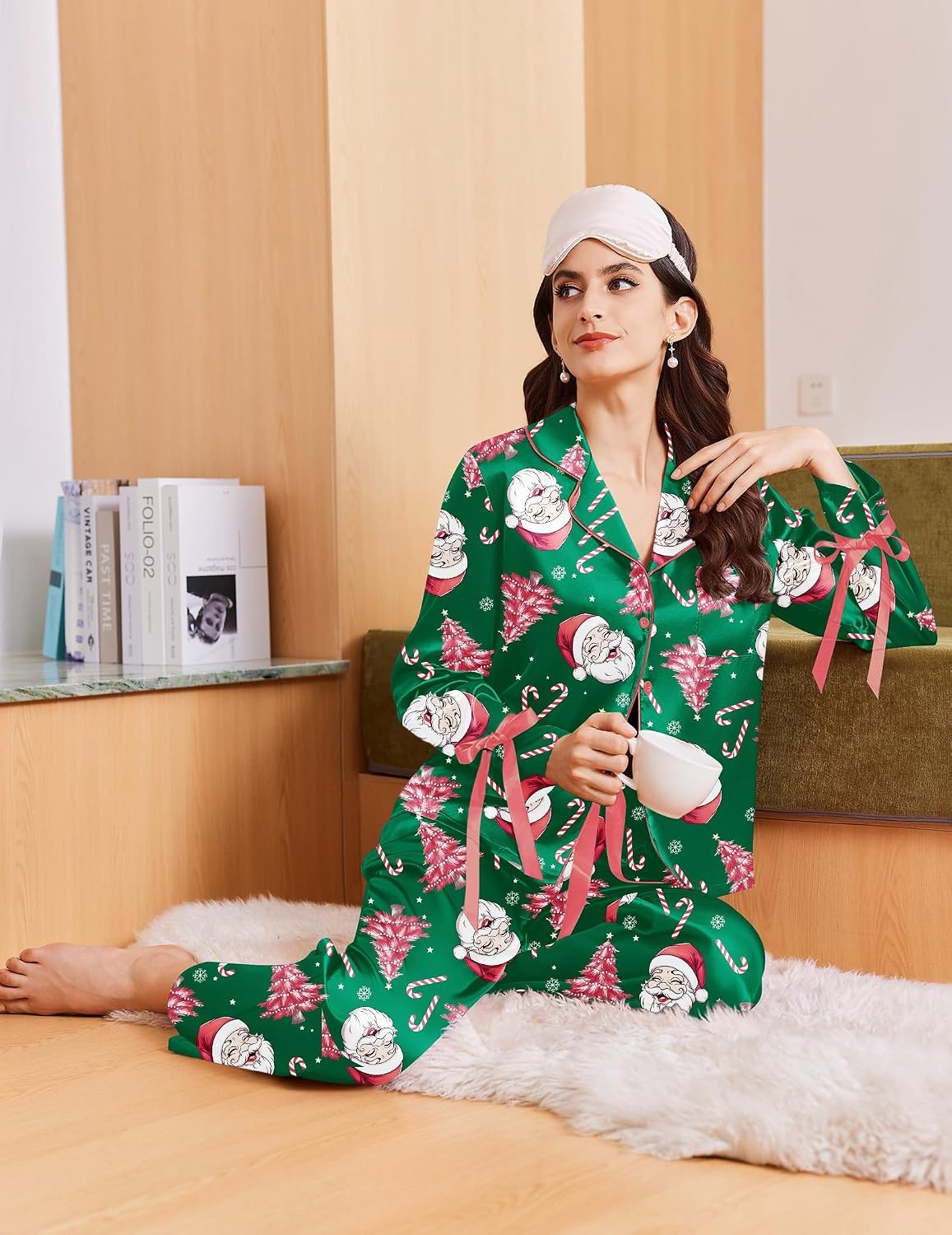 image:imageEkouaer Women Classic Button Down Long Satin Pajamas Set Cute Bow SleepwearSanta Claus Green