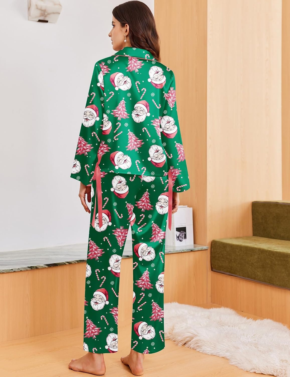 image:imageEkouaer Women Classic Button Down Long Satin Pajamas Set Cute Bow SleepwearSanta Claus Green