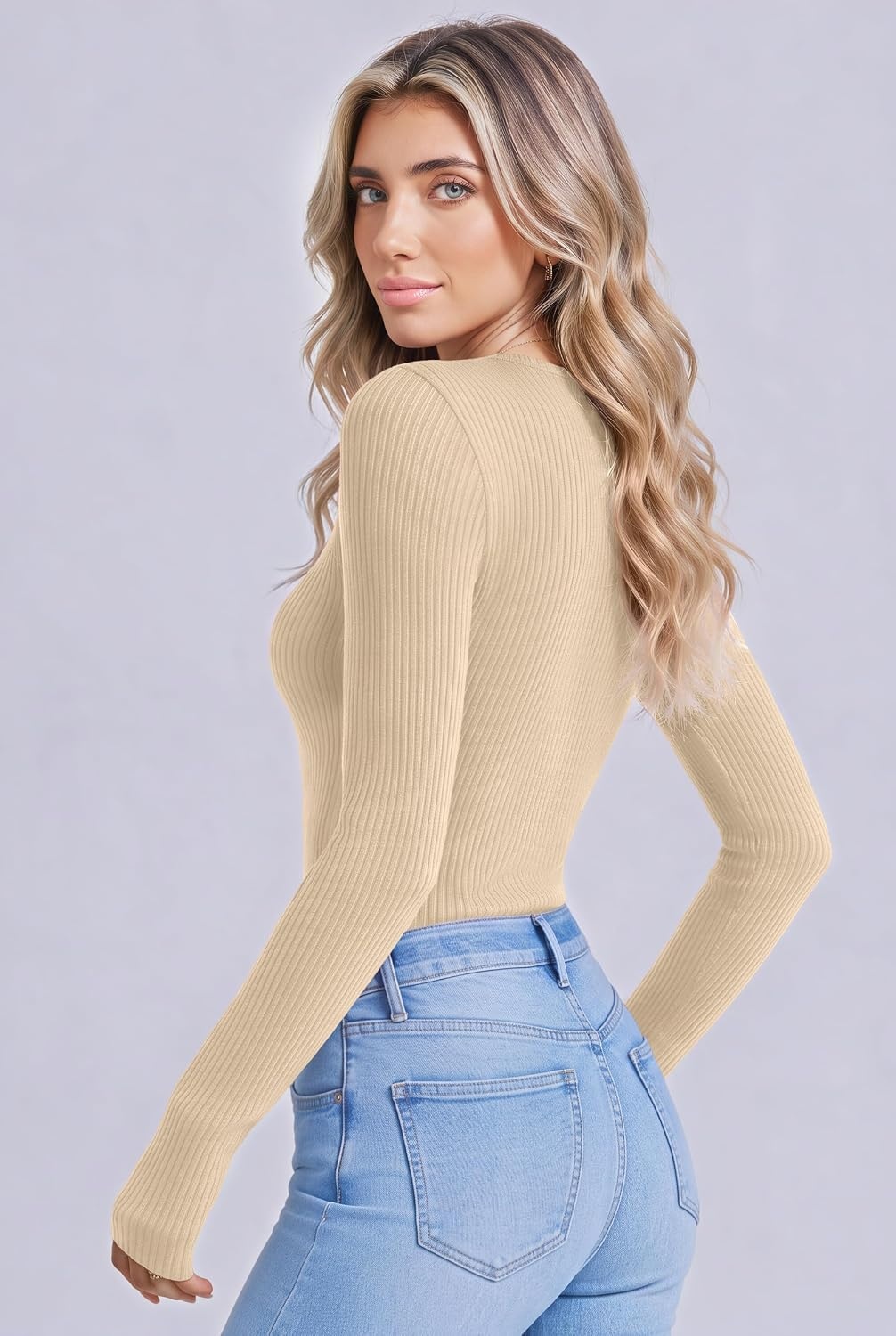 image:imageEkouaer Women Long Sleeve Henley Tops Rib Knit Shirts Lightweigh SweatersBeige