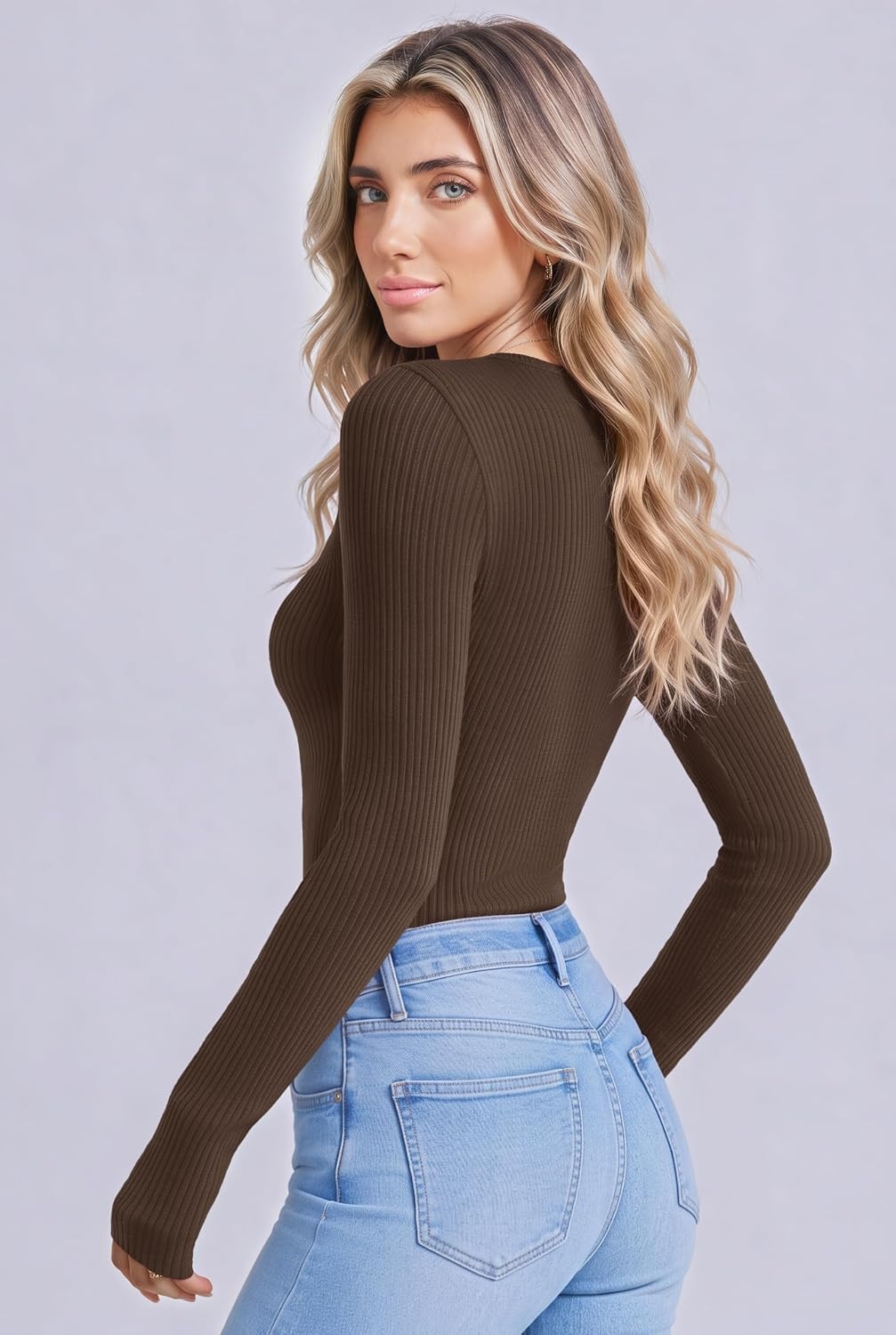 image:imageEkouaer Women Long Sleeve Henley Tops Rib Knit Shirts Lightweigh SweatersBrown