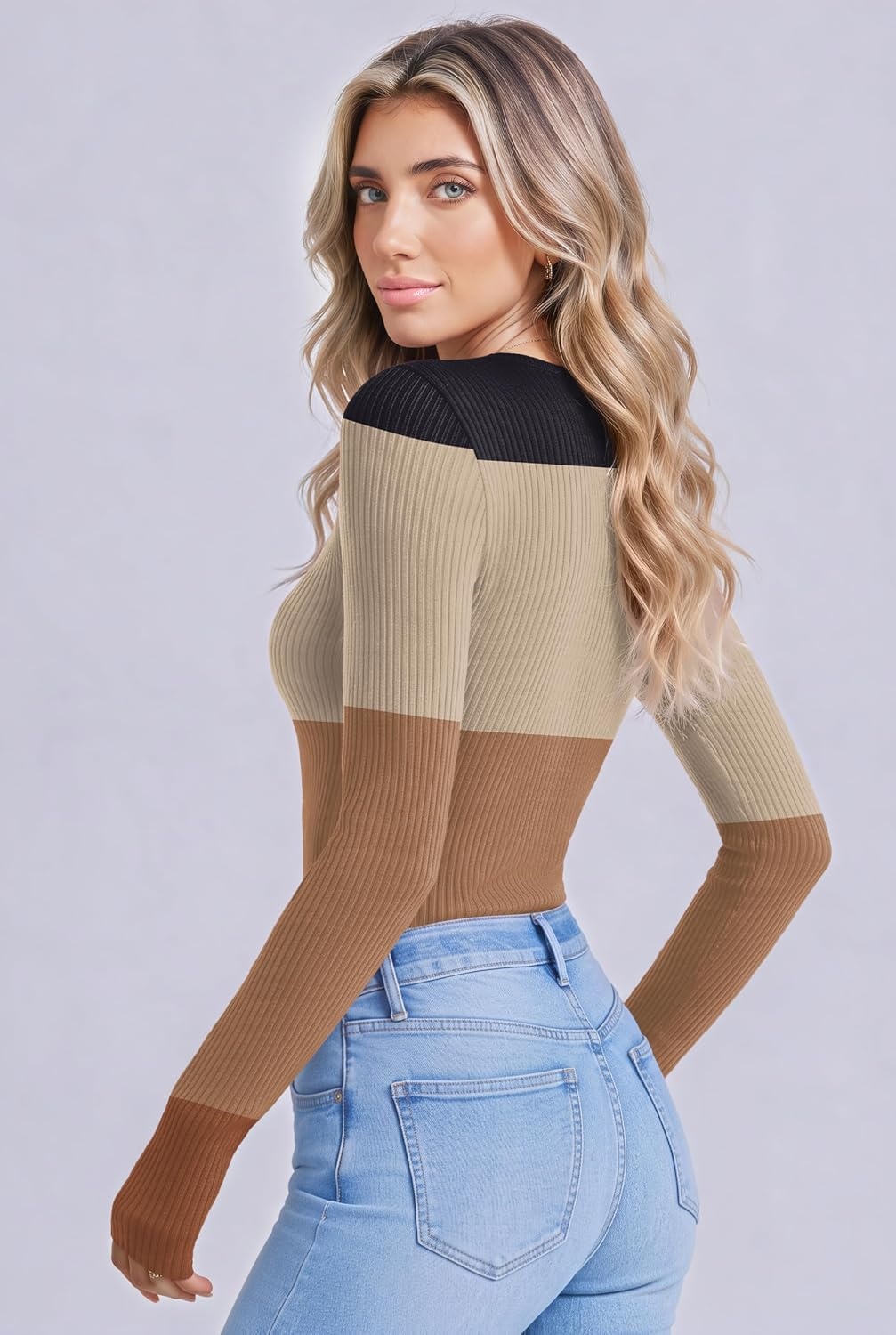 image:imageEkouaer Women Long Sleeve Henley Tops Rib Knit Shirts Lightweigh SweatersStripetw638
