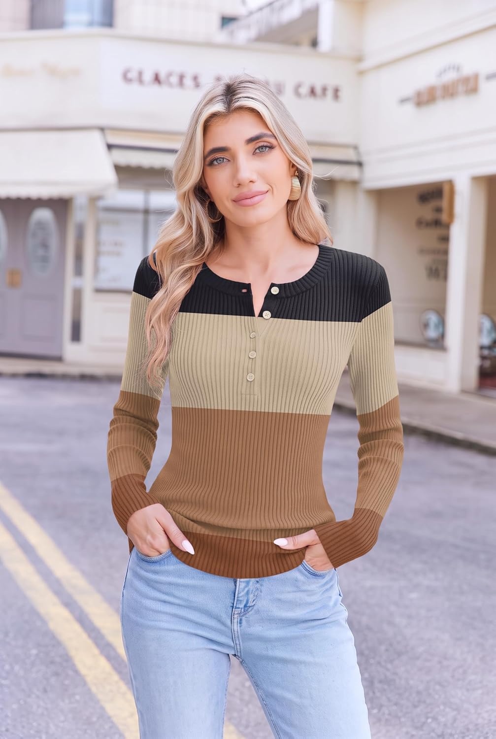 image:imageEkouaer Women Long Sleeve Henley Tops Rib Knit Shirts Lightweigh SweatersStripetw638