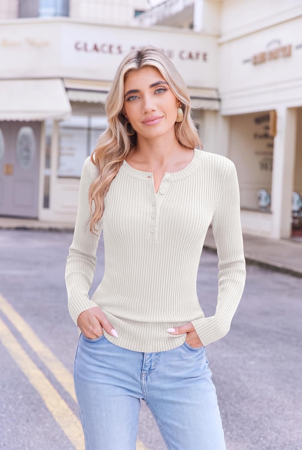 image:imageEkouaer Women Long Sleeve Henley Tops Rib Knit Shirts Lightweigh SweatersWhite