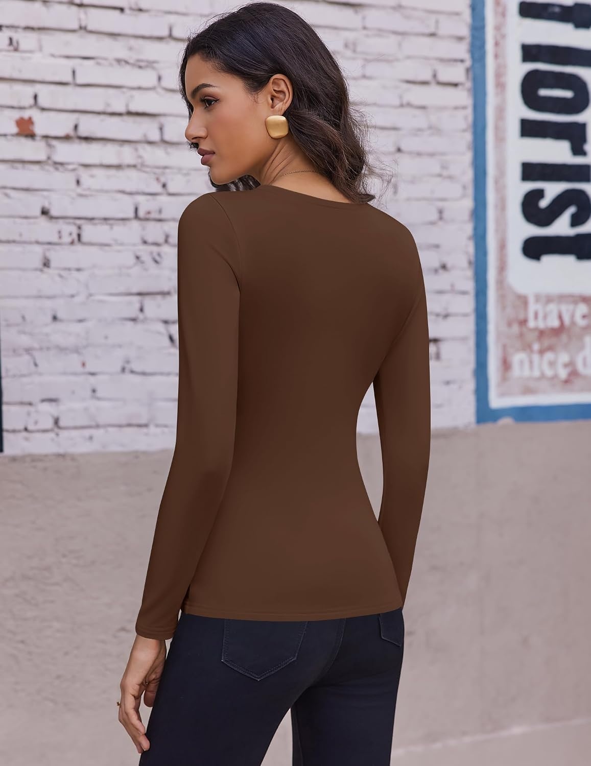 image:imageEkouaer Womens Long Sleeve Shirts Fleece Lined Tops Thermal UndershirtsBrown