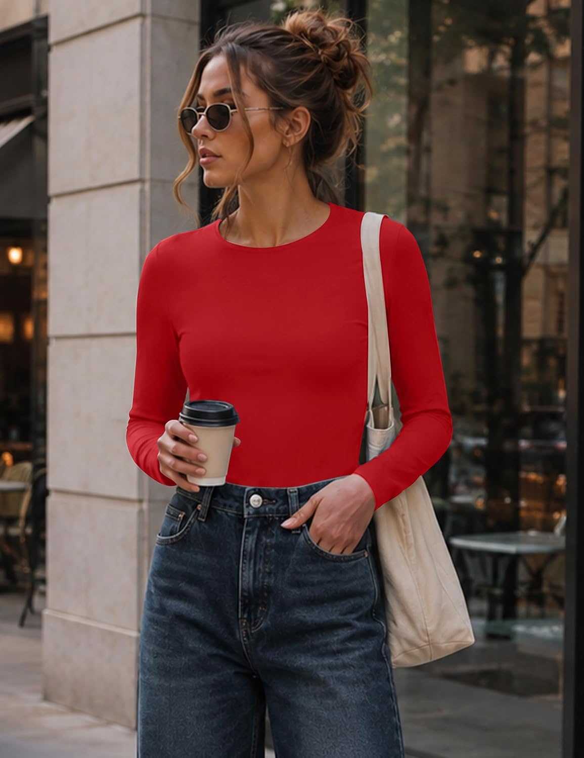 image:imageEkouaer Womens Long Sleeve Shirts Fleece Lined Tops Thermal UndershirtsRed