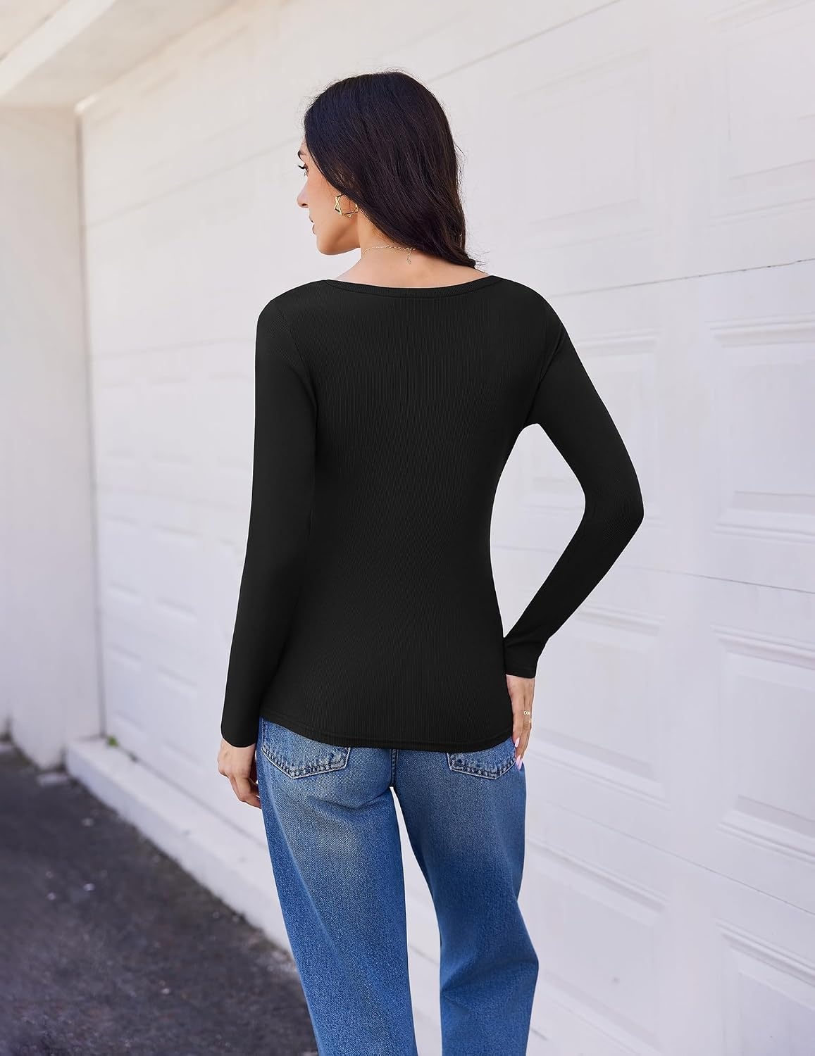image:imageEkouaer Womens Long Sleeve Shirts V Neck Ribbed Thermal UndershirtsBlack