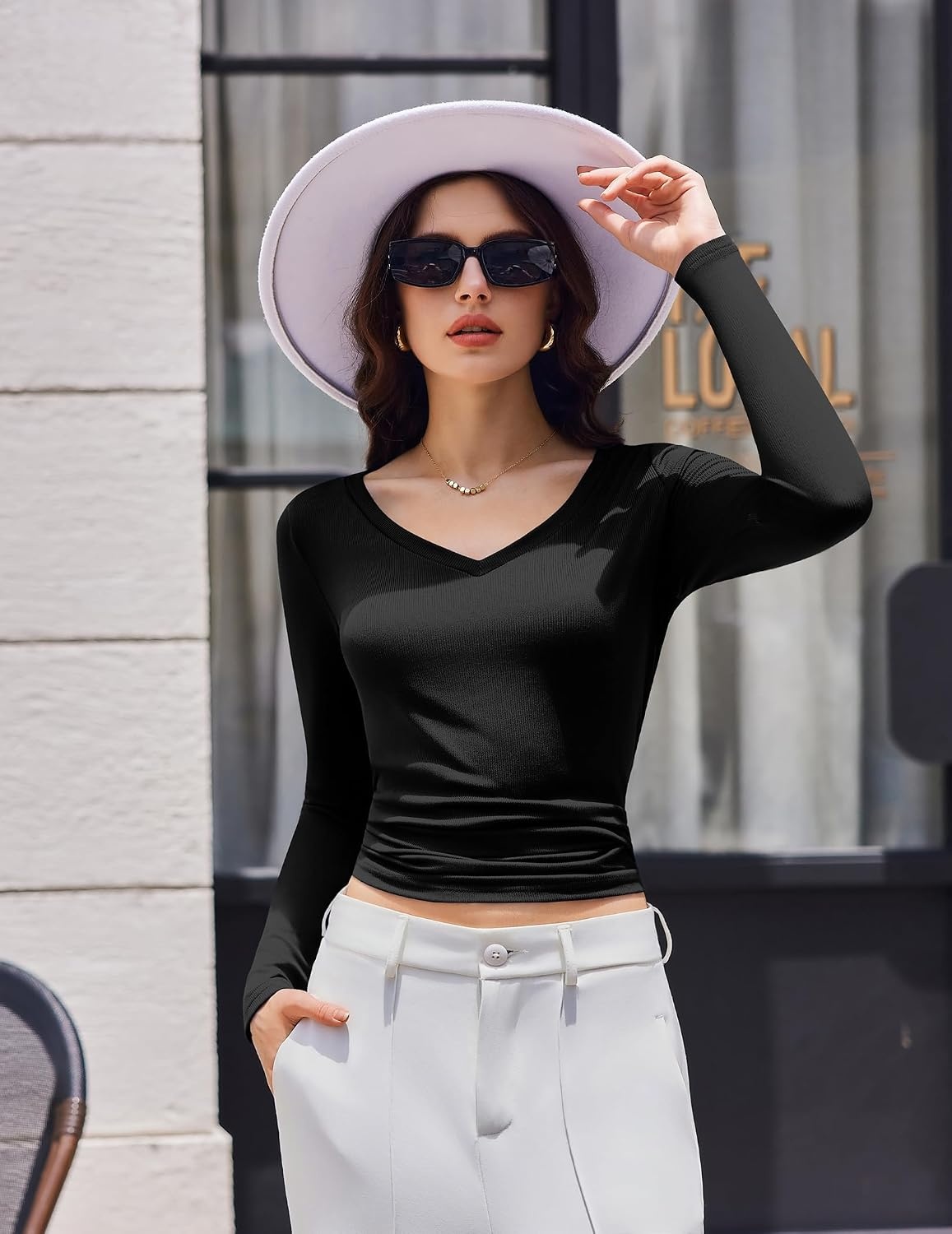 image:imageEkouaer Womens Long Sleeve Shirts V Neck Ribbed Thermal UndershirtsBlack
