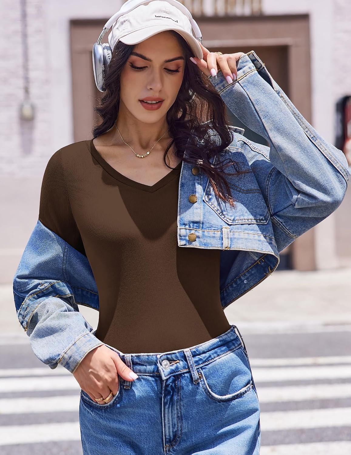 image:imageEkouaer Womens Long Sleeve Shirts V Neck Ribbed Thermal UndershirtsBrown