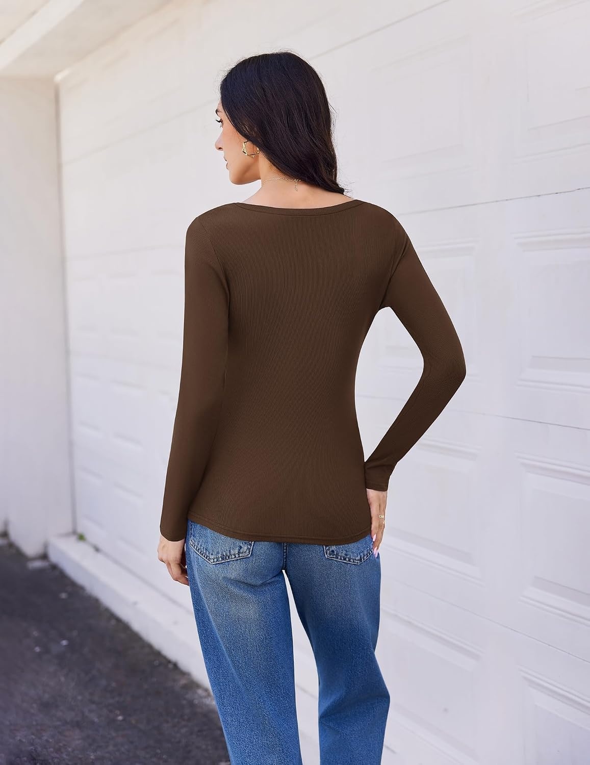 image:imageEkouaer Womens Long Sleeve Shirts V Neck Ribbed Thermal UndershirtsBrown