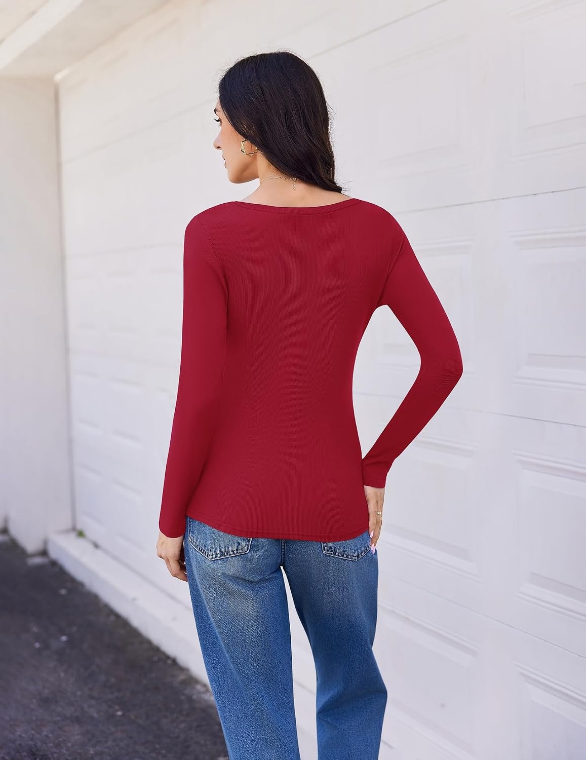 image:imageEkouaer Womens Long Sleeve Shirts V Neck Ribbed Thermal UndershirtsDark Red