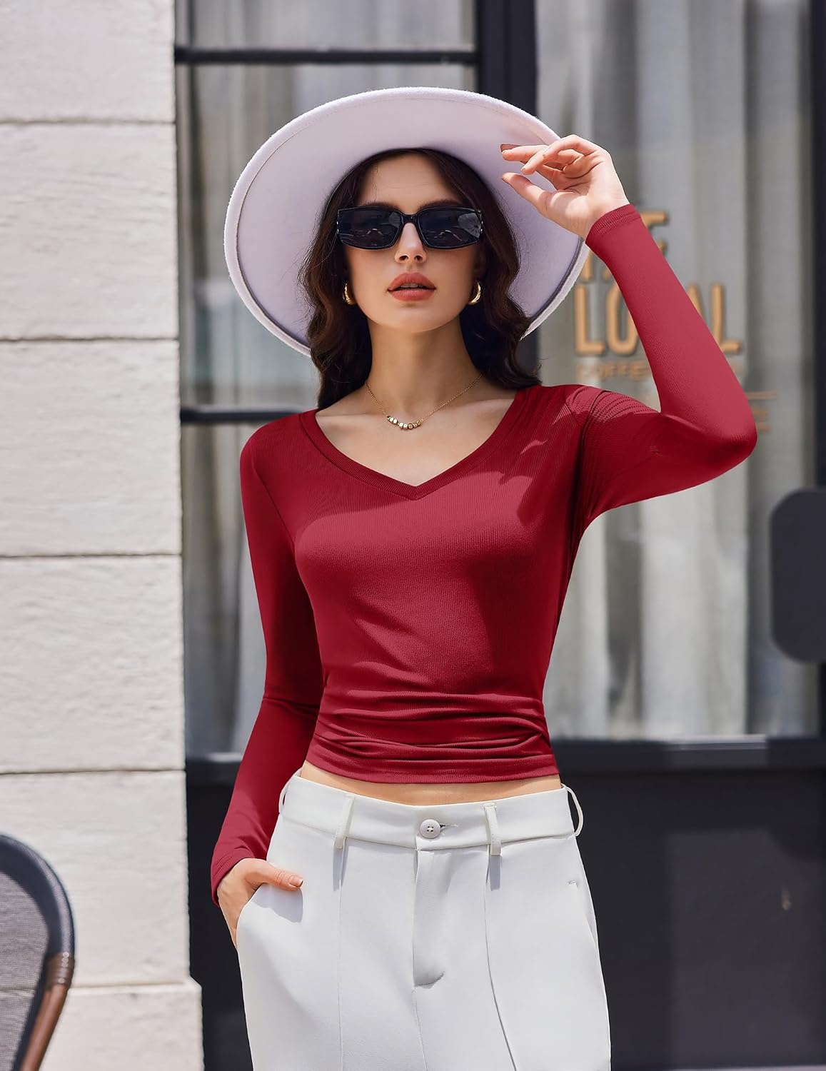image:imageEkouaer Womens Long Sleeve Shirts V Neck Ribbed Thermal UndershirtsDark Red