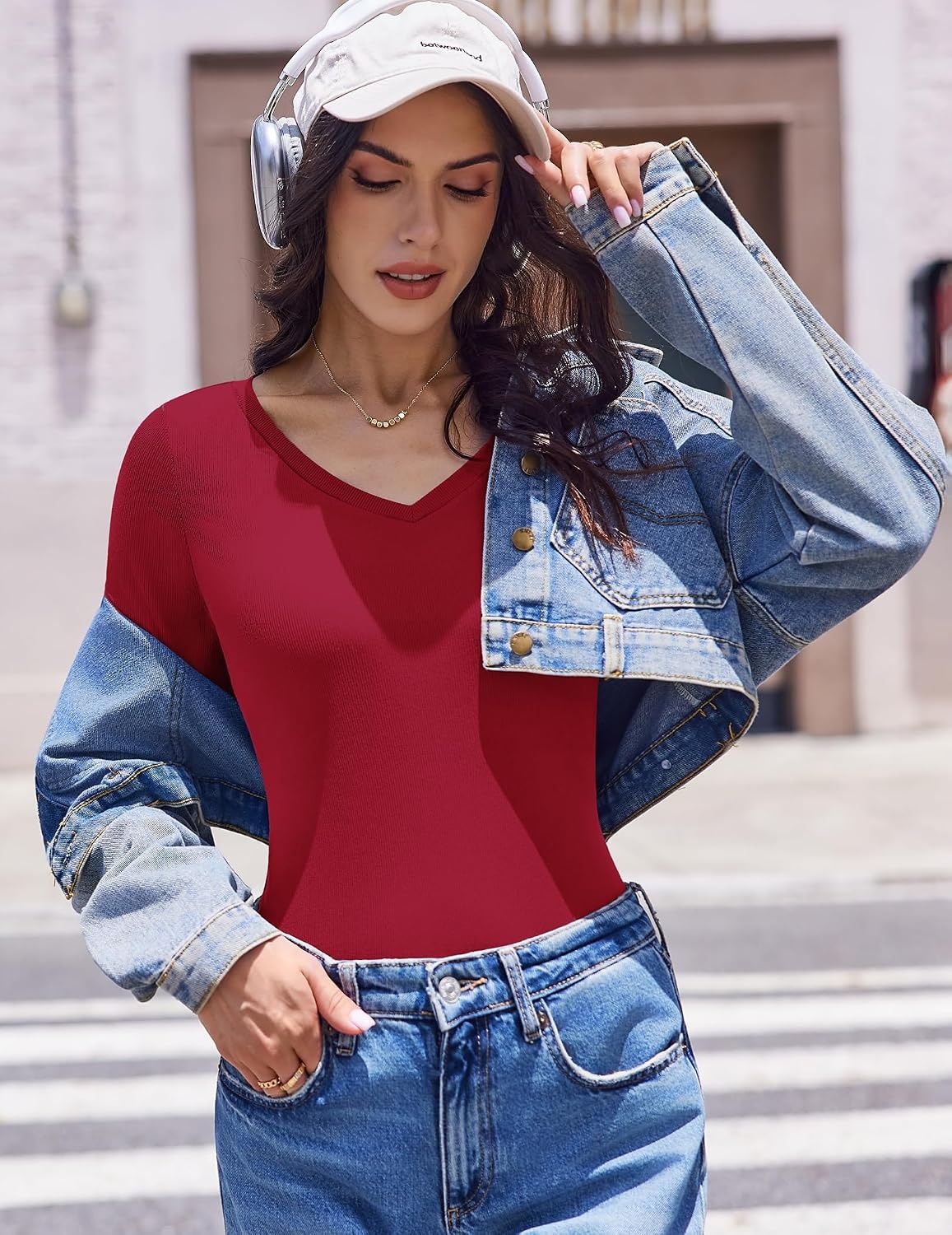 image:imageEkouaer Womens Long Sleeve Shirts V Neck Ribbed Thermal UndershirtsDark Red